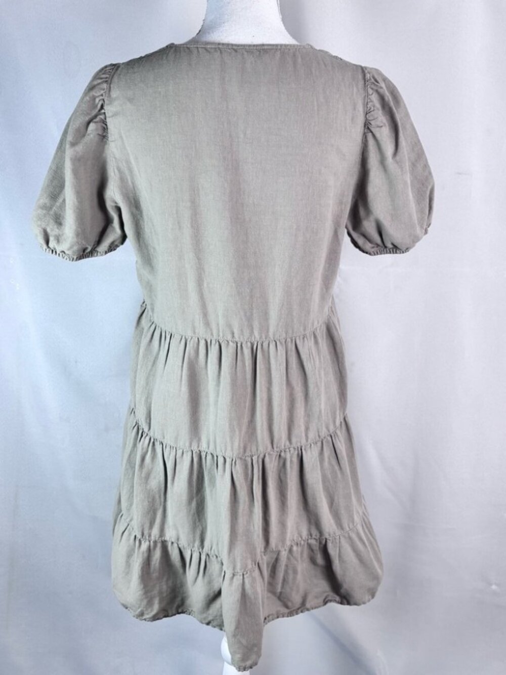ZARA Linen Blend Tiered Babydoll Mini Dress Taupe Khaki Puff Sleeve Medium - Picture 3 of 9